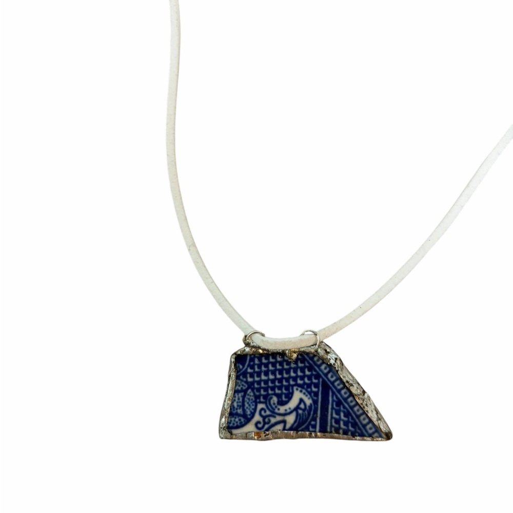 Blue Willow Broken China Pendant Necklace – White Cord, Upcycled Vintage Pottery